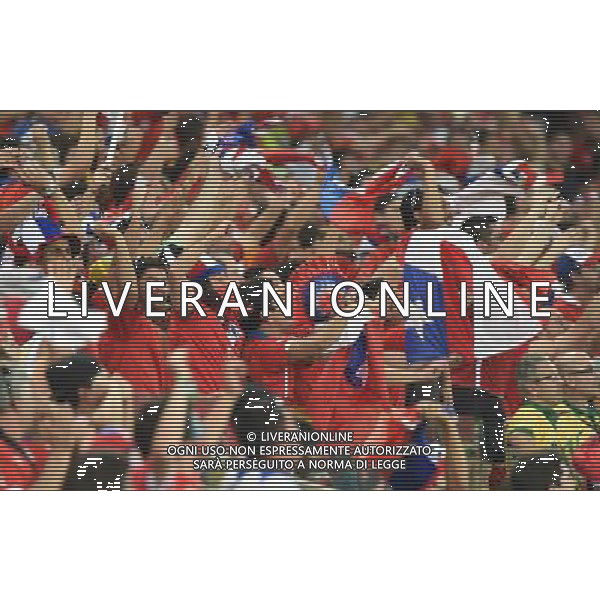 (140613) -- CUIABA, June 13, 2014 () -- Fans of chile cheer for a goal while watching a Group B match between Chile and Australia of 2014 FIFA World Cup in the Arena Pantanal Stadium in Cuiaba, Brazil, June 13, 2014. (/Liu Dawei)(rh) ©PHOTOSHOT/Agenzia Aldo Liverani sas - ITALY ONLY - EDITORIAL USE ONLY - Cile Vs Australia partita del Gruppo B Coppa del mondo FIFA World Cup nel Pantanal stadio Arena di Cuiaba, Brasile, 13 giugno 2014