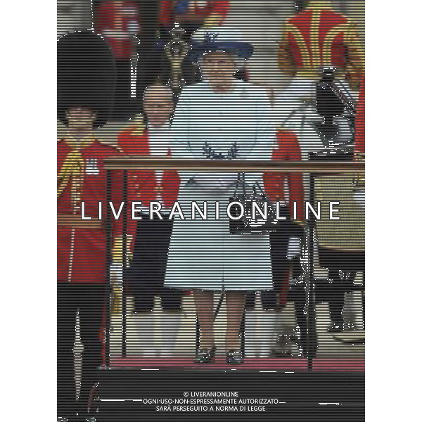 Queen Elizabeth II watched the procession at Trooping the Colour. Trooping the Colour ceremony, London, UK, 14th April 2014 ©PHOTOSHOT/Agenzia Aldo Liverani Sas - ITALY ONLY - EDITORIAL USE ONLY