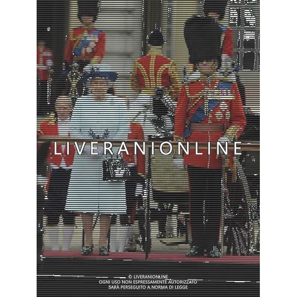 Queen Elizabeth II and Prince Philip, Duke of Edinburgh, watches the procession at Trooping the Colour. Trooping the Colour ceremony, London, UK, 14th April 2014 ©PHOTOSHOT/Agenzia Aldo Liverani Sas - ITALY ONLY - EDITORIAL USE ONLY