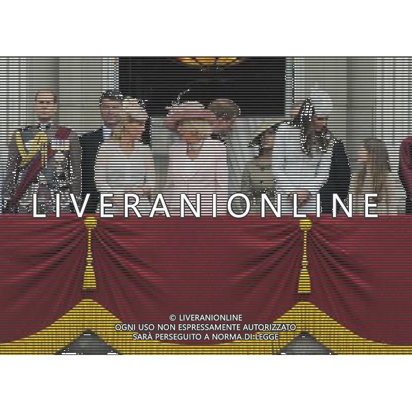 Prince Edward, Earl of Wessex, Sophie Countess of Wessex, Camilla, Duchess of Cornwall, Prince Harry, Princess Eugenie, Catherine, Duchess of Cambridge, and other members of the Royal family on the balcony watch the fly over to mark the end of Trooping the Colour. Trooping the Colour ceremony, Buckingham Palace, London, UK, 14th June 2014 ©PHOTOSHOT/Agenzia Aldo Liverani Sas - ITALY ONLY - EDITORIAL USE ONLY