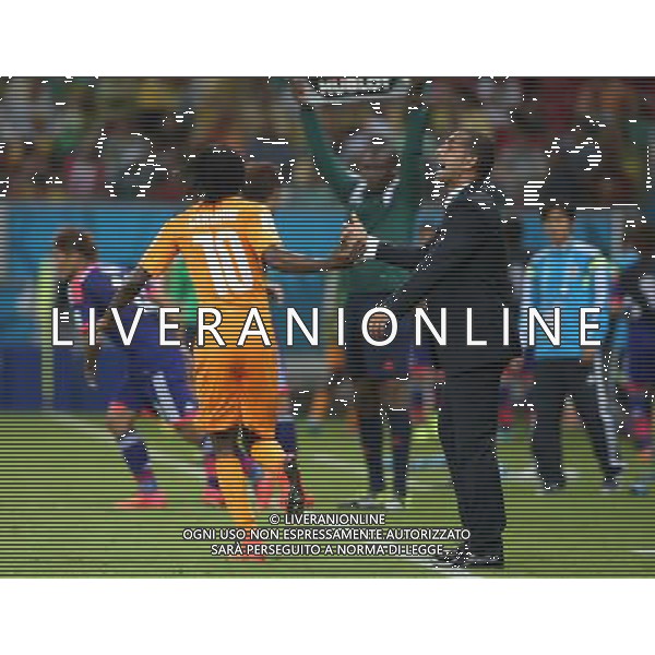 (140614) -- RECIFE, June 14, 2014 () -- Cote d\'Ivoire\'s coach Sabri Lamouchi and Gervinho celebrate the goal during a Group C match between Cote d\'Ivoire and Japan of 2014 FIFA World Cup in the Aren Pernambuco Stadium in Recife, Brazil, June 14, 2014. (/Cao Can)(rh) ©PHOTOSHOT/Agenzia Aldo Liverani Sas - ITALY ONLY - EDITORIAL USE ONLY - Costa d\'Avorio Vs Giappone partita del Gruppo C della coppa del mondo 2014 FIFA World Cup Stadium Arena Pernambuco a Recife, in Brasile, 14 giugno 2014