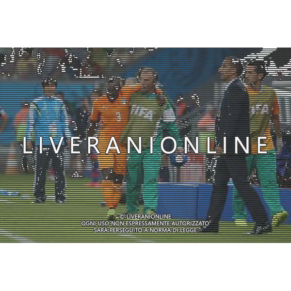 (140614) -- RECIFE, June 14, 2014 () -- Cote d\'Ivoire\'s Arthur Boka leaves the field for injury during a Group C match between Cote d\'Ivoire and Japan of 2014 FIFA World Cup in the Aren Pernambuco Stadium in Recife, Brazil, June 14, 2014. (/Cao Can)(rh) ©PHOTOSHOT/Agenzia Aldo Liverani Sas - ITALY ONLY - EDITORIAL USE ONLY - Costa d\'Avorio Vs Giappone partita del Gruppo C della coppa del mondo 2014 FIFA World Cup Stadium Arena Pernambuco a Recife, in Brasile, 14 giugno 2014