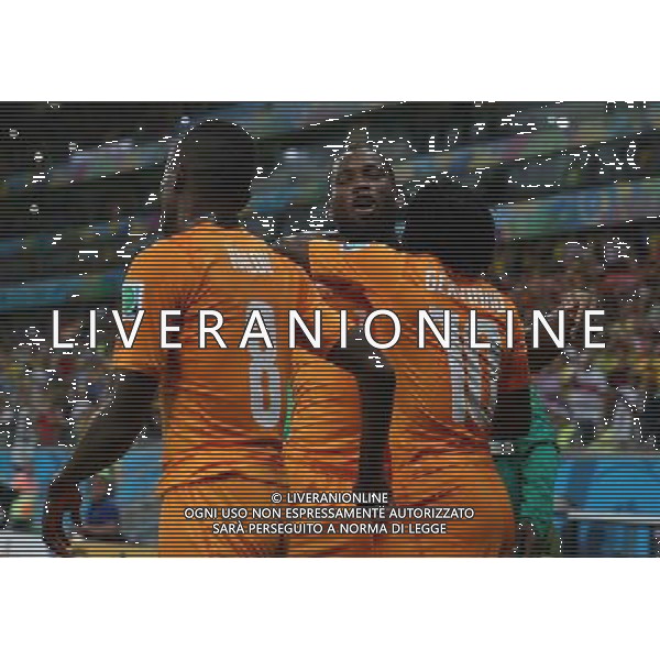 (140614) -- RECIFE, June 14, 2014 () -- Cote d\'Ivoire\'s players celebrate the goal during a Group C match between Cote d\'Ivoire and Japan of 2014 FIFA World Cup in the Aren Pernambuco Stadium in Recife, Brazil, June 14, 2014. (/Cao Can)(rh) ©PHOTOSHOT/Agenzia Aldo Liverani Sas - ITALY ONLY - EDITORIAL USE ONLY - Costa d\'Avorio Vs Giappone partita del Gruppo C della coppa del mondo 2014 FIFA World Cup Stadium Arena Pernambuco a Recife, in Brasile, 14 giugno 2014