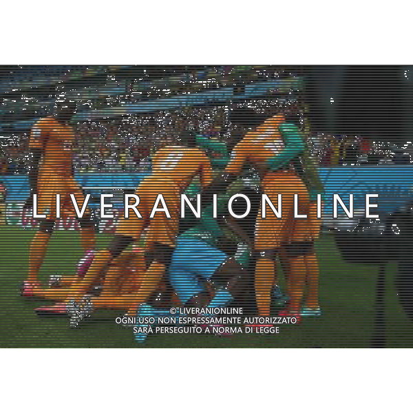 (140614) -- RECIFE, June 14, 2014 () -- Cote d\'Ivoire\'s players celebrate the second goal during a Group C match between Cote d\'Ivoire and Japan of 2014 FIFA World Cup in the Aren Pernambuco Stadium in Recife, Brazil, June 14, 2014. (/Cao Can)(rh) ©PHOTOSHOT/Agenzia Aldo Liverani Sas - ITALY ONLY - EDITORIAL USE ONLY - Costa d\'Avorio Vs Giappone partita del Gruppo C della coppa del mondo 2014 FIFA World Cup Stadium Arena Pernambuco a Recife, in Brasile, 14 giugno 2014