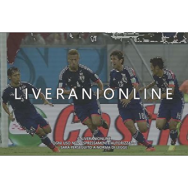 (140614) -- RECIFE, June 14, 2014 () -- Japan\'s Keisuke Honda (2nd L) celebrates for his goal with his teammates during a Group C match between Cote d\'Ivoire and Japan of 2014 FIFA World Cup at the Arena Pernambuco Stadium in Recife, Brazil, June 14, 2014. (/Yang Lei)(pcy) ©PHOTOSHOT/Agenzia Aldo Liverani Sas - ITALY ONLY - EDITORIAL USE ONLY - Costa d\'Avorio Vs Giappone partita del Gruppo C della coppa del mondo 2014 FIFA World Cup Stadium Arena Pernambuco a Recife, in Brasile, 14 giugno 2014