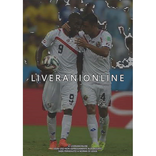 (140614) -- FORTALEZA, June 14, 2014 () -- Costa Rica\'s Joel Campbell (L) celebrates his goal during a Group D match between Uruguay and Costa Rica of 2014 FIFA World Cup at the Estadio Castelao Stadium in Fortaleza, Brazil, June 14, 2014. (/Guo Yong)(rh) ©PHOTOSHOT/Agenzia Aldo Liverani sas - ITALY ONLY - EDITORIAL USE ONLY - Uruguay vs Costa Rica partita del Gruppo D della Coppa del mondo FIFA 2014 Castelao stadio Estadio a Fortaleza, in Brasile, 14 Giugno 2014