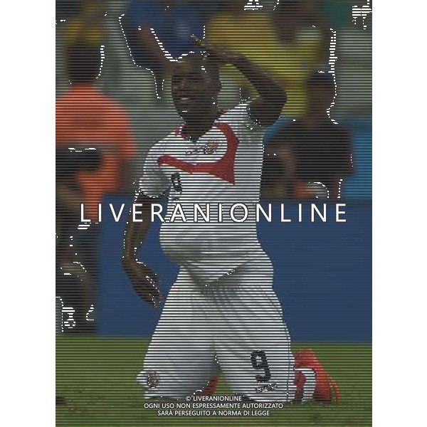(140614) -- FORTALEZA, June 14, 2014 () -- Costa Rica\'s Joel Campbell celebrates his goal during a Group D match between Uruguay and Costa Rica of 2014 FIFA World Cup at the Estadio Castelao Stadium in Fortaleza, Brazil, June 14, 2014. (/Guo Yong)(rh) ©PHOTOSHOT/Agenzia Aldo Liverani sas - ITALY ONLY - EDITORIAL USE ONLY - Uruguay vs Costa Rica partita del Gruppo D della Coppa del mondo FIFA 2014 Castelao stadio Estadio a Fortaleza, in Brasile, 14 Giugno 2014