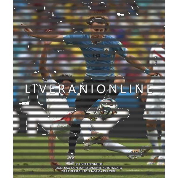 (140614) -- FORTALEZA, June 14, 2014 () -- Uruguay\'s Diego Forlan vies with Costa Rica\'s Yeltsin Tejeda during a Group D match between Uruguay and Costa Rica of 2014 FIFA World Cup in the Estadio Castelao Stadium in Fortaleza, Brazil, June 14, 2014. (/Guo Yong)(rh) ©PHOTOSHOT/Agenzia Aldo Liverani sas - ITALY ONLY - EDITORIAL USE ONLY - Uruguay vs Costa Rica partita del Gruppo D della Coppa del mondo FIFA 2014 Castelao stadio Estadio a Fortaleza, in Brasile, 14 Giugno 2014