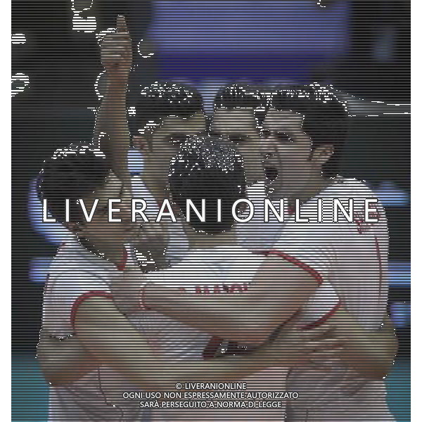 (140615) -- TEHRAN, June 15, 2014 () -- Iranian players celebrate after scoring during the match against Brazil at FIVB Men\'s Volleyball World League 2014 in Tehran, capital of Iran, on June 13, 2014. Iran won 3-2. (/Ahmad Halabisaz) ©PHOTOSHOT/Agenzia Aldo Liverani sas - ITALY ONLY - EDITORIAL USE ONLY - IRAN Vs BRASILE PALLAVOLO MASCHILE FIVB VOLLEYBALL WORLD LEAGUE 2014 a Teheran 13 giugno 2014. Iran ha vinto 3-2.