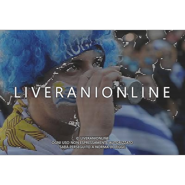 (140614) -- MONTEVIDEO, June 14, 2014 () -- An Uruguay\'s fan watches a Group D match between Uruguay and Costa Rica of 2014 FIFA World Cup on a screen in Montevideo, capital of Uruguay, on June 14, 2014. Costa Rica won 3-1 over Uruguay on Saturday.(/Nicolas Celaya)(pcy) AG ALDO LIVERANI SAS ONLY ITALY