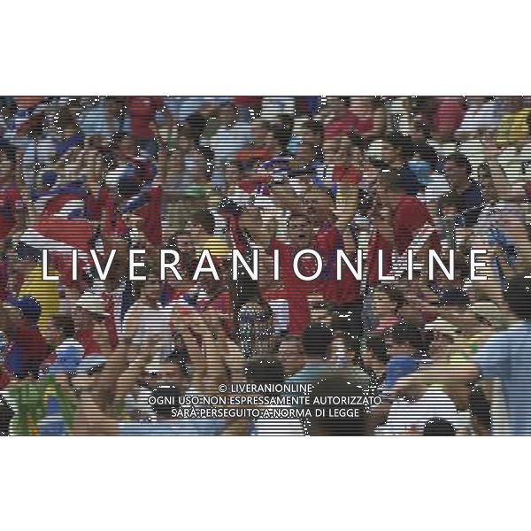 (140614) -- FORTALEZA, June 14, 2014 () -- Costa Rica\'s fans celebrate for a goal during a Group D match between Uruguay and Costa Rica of 2014 FIFA World Cup at the Estadio Castelao Stadium in Fortaleza, Brazil, June 14, 2014. Costa Rica won 3-1 over Uruguay on Saturday.(/Lui Siu Wai)(pcy) AG ALDO LIVERANI SAS ONLY ITALY