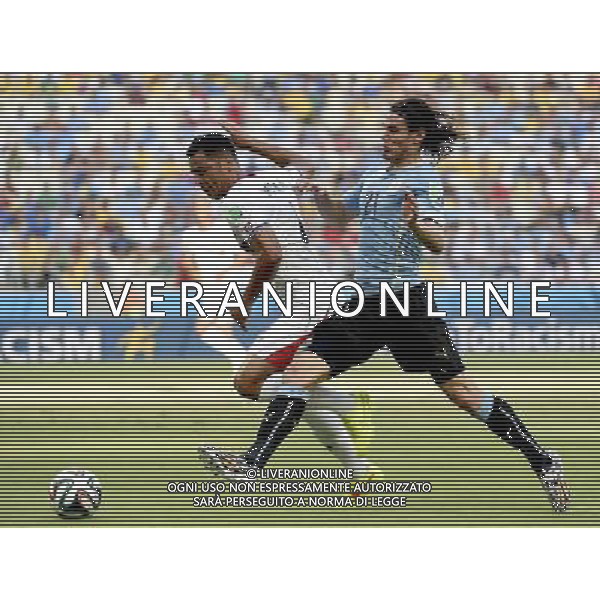 (140614) -- FORTALEZA, June 14, 2014 () -- Uruguay\'s Edinson Cavani (R) competes with Costa Rica\'s Michael Umana during a Group D match between Uruguay and Costa Rica of 2014 FIFA World Cup at the Estadio Castelao Stadium in Fortaleza, Brazil, June 14, 2014. (/Lui Siu Wai)(pcy) AG ALDO LIVERANI SAS ONLY ITALY