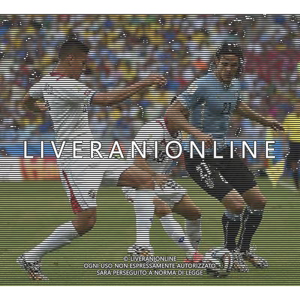 (140614) -- FORTALEZA, June 14, 2014 () -- Uruguay\'s Edinson Cavani (R) competes with Costa Rica\'s Oscar Duarte (L) and Christian Gamboa (C) during a Group D match between Uruguay and Costa Rica of 2014 FIFA World Cup at the Estadio Castelao Stadium in Fortaleza, Brazil, June 14, 2014. (/Lui Siu Wai)(pcy) AG ALDO LIVERANI SAS ONLY ITALY