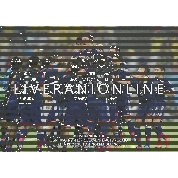 (140614) -- RECIFE, June 14, 2014 () -- Japan\'s players celebrate for a goal of Keisuke Honda during a Group C match between Cote d\'Ivoire and Japan of 2014 FIFA World Cup at the Arena Pernambuco Stadium in Recife, Brazil, June 14, 2014. (/Yang Lei)(pcy) ©PHOTOSHOT/Agenzia Aldo Liverani sas - ITALY ONLY - EDITORIAL USE ONLY - Costa d\'Avorio Vs Giappone partita del Gruppo C della coppa del mondo 2014 FIFA World Cup Stadium Arena Pernambuco a Recife, in Brasile, 14 giugno 2014