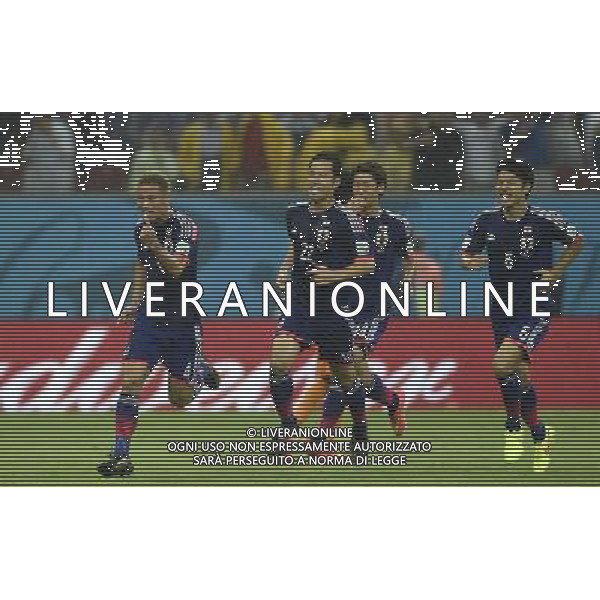 (140614) -- RECIFE, June 14, 2014 () -- Japan\'s Keisuke Honda (1st L) celebrates for his goal with his teammates during a Group C match between Cote d\'Ivoire and Japan of 2014 FIFA World Cup at the Arena Pernambuco Stadium in Recife, Brazil, June 14, 2014. (/Yang Lei)(pcy) ©PHOTOSHOT/Agenzia Aldo Liverani sas - ITALY ONLY - EDITORIAL USE ONLY - Costa d\'Avorio Vs Giappone partita del Gruppo C della coppa del mondo 2014 FIFA World Cup Stadium Arena Pernambuco a Recife, in Brasile, 14 giugno 2014