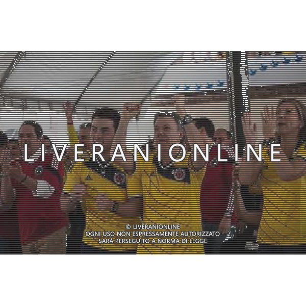 (140614) -- BOGOTA, June 14, 2014 () -- Colombian President and presidential candidate Juan Manuel Santos (C, front) celebrates a Colombia\'s goal during a Group C match of 2014 FIFA World Cup between Colombia and Greece, in Bogota, capital of Colombia, on June 14, 2014. Colombia won 3-0 over Greece on Saturday. (/COLPRENSA)(pcy) ©PHOTOSHOT/Agenzia Aldo Liverani sas - ITALY ONLY - EDITORIAL USE ONLY - Colombia Vs Grecia partita del Gruppo C Coppa del Mondo FIFA 2014 Mineirao stadio Estadio a Belo Horizonte, in Brasile 14 Giugno 2014