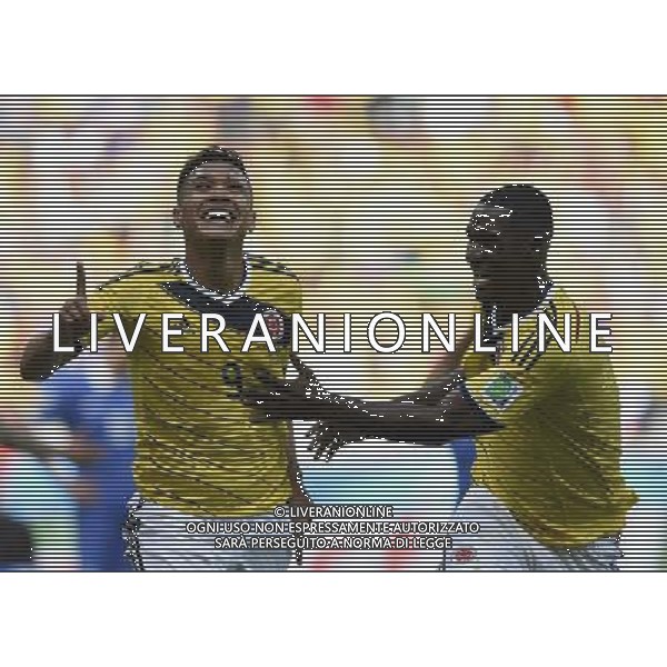 (140614) -- BELO HORIZONTE, June 14, 2014 () -- Colombia\'s Teofilo Gutierrez (L) celebrates for his goal, Colombia\'s second goal, with his teammate during a Group C match between Colombia and Greece of 2014 FIFA World Cup at the Estadio Mineirao Stadium in Belo Horizonte, Brazil, June 14, 2014. Colombia won 3-0 over Greece on Saturday. (/Qi Heng)(pcy) ©PHOTOSHOT/Agenzia Aldo Liverani sas - ITALY ONLY - EDITORIAL USE ONLY - Colombia Vs Grecia partita del Gruppo C Coppa del Mondo FIFA 2014 Mineirao stadio Estadio a Belo Horizonte, in Brasile 14 Giugno 2014