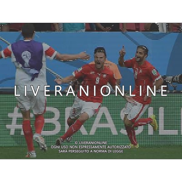 (140615) -- BRASILIA, June 15, 2014 () -- Switzerland\'s Haris Seferovic (C) celebrates for his goal with his teammates during a Group E match between Switzerland and Ecuador of 2014 FIFA World Cup at the Estadio Nacional Stadium in Brasilia, capital of Brazil, June 15, 2014. Switzerland won 2-1 over Ecuador on Sunday.(/Liu Dawei)(pcy) ©PHOTOSHOT/Agenzia Aldo Liverani sas - ITALY ONLY - EDITORIAL USE ONLY - SVIZZERA VS ECUADOR partita del Gruppo E Coppa del mondo Fifa allo Stadio nazionale di Brasilia, Brasile, 15 giugno 2014. Svizzera ha vinto per 2-1