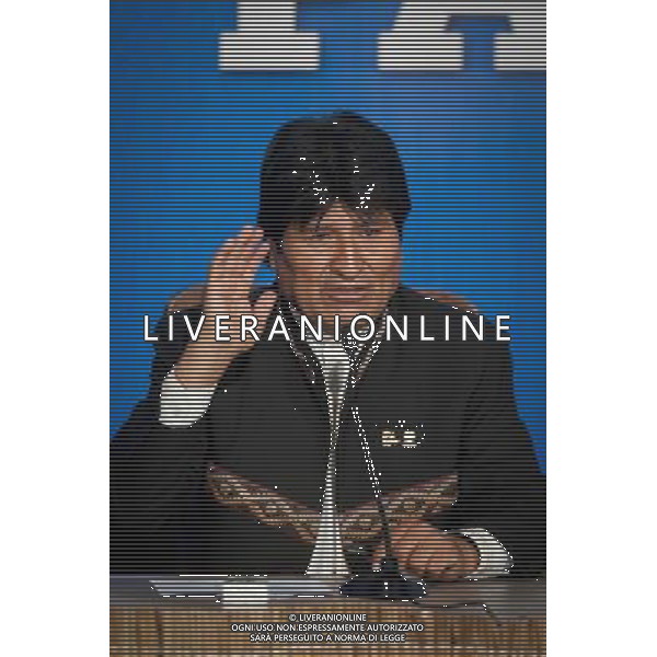 (140616) -- SANTA CRUZ, June 16, 2014 () -- Bolivian President Evo Morales takes part in a press conference after the G77+China summit, in the Santa Cruz Exhibition Fair (FEXPOCRUZ, its acronym in Spanish), in Santa Cruz, Bolivia, June 15, 2014. (/Pedro Mera)(ctt) ©PHOTOSHOT/Agenzia Aldo Liverani sas - ITALY ONLY - EDITORIAL USE ONLY - Vertice Cina + G77 a Santa Cruz, in Bolivia, il 15 giugno 2014