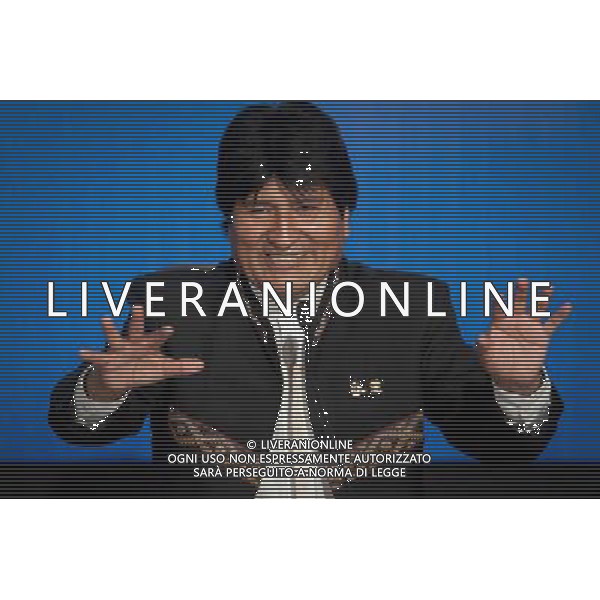 (140616) -- SANTA CRUZ, June 16, 2014 () -- Bolivian President Evo Morales takes part in a press conference after the G77+China summit, in the Santa Cruz Exhibition Fair (FEXPOCRUZ, its acronym in Spanish), in Santa Cruz, Bolivia, June 15, 2014. (/Pedro Mera)(ctt) ©PHOTOSHOT/Agenzia Aldo Liverani sas - ITALY ONLY - EDITORIAL USE ONLY - Vertice Cina + G77 a Santa Cruz, in Bolivia, il 15 giugno 2014