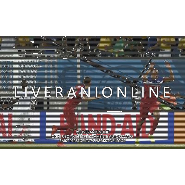 (140616) -- NATAL, June 16, 2014 () -- John Brooks (R) of U.S. celebrates for his goal during a Group G match between Ghana and U.S. of 2014 FIFA World Cup at the Estadio das Dunas Stadium in Natal, Brazil, June 16, 2014. U.S. won 2-1 over Ghana on Monday. (/Lui Siu Wai)(pcy) AG ALDO LIVERANI SAS ONLY ITALY