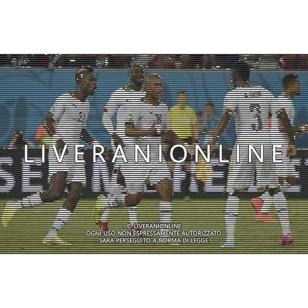 (140616) -- NATAL, June 16, 2014 () -- Ghana\'s Andre Ayew (3rd L) celebrates for his goal during a Group G match between Ghana and U.S. of 2014 FIFA World Cup at the Estadio das Dunas Stadium in Natal, Brazil, June 16, 2014. U.S. won 2-1 over Ghana on Monday. (/Lui Siu Wai)(pcy) AG ALDO LIVERANI SAS ONLY ITALY