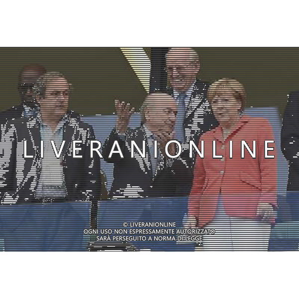 (140616) -- SALVADOR, June 16, 2014 () -- Chancellor of Germany Angela Merkel (R) talks with Sepp Blatter (C) during a Group G match between Germany and Portugal of 2014 FIFA World Cup at the Arena Fonte Nova Stadium in Salvador, Brazil, June 16, 2014. Germany won 4-0 over Portugal on Monday.(/Qi Heng)(rh) AG ALDO LIVERANI SAS ONLY ITALY