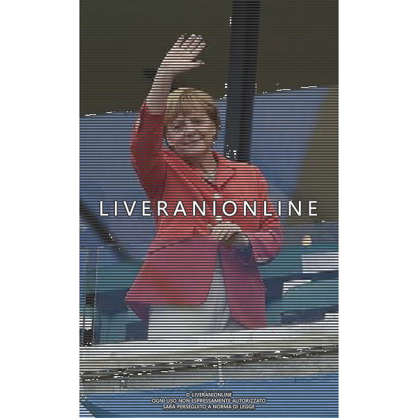 (140616) -- SALVADOR, June 16, 2014 () -- Chancellor of Germany Angela Merkel gestures while watching a Group G match between Germany and Portugal of 2014 FIFA World Cup at the Arena Fonte Nova Stadium in Salvador, Brazil, June 16, 2014. Germany won 4-0 over Portugal on Monday.(/Qi Heng)(rh) AG ALDO LIVERANI SAS ONLY ITALY