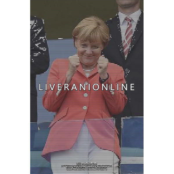 (140616) -- SALVADOR, June 16, 2014 () -- Chancellor of Germany Angela Merkel gestures while watching a Group G match between Germany and Portugal of 2014 FIFA World Cup at the Arena Fonte Nova Stadium in Salvador, Brazil, June 16, 2014. Germany won 4-0 over Portugal on Monday.(/Qi Heng)(rh) AG ALDO LIVERANI SAS ONLY ITALY