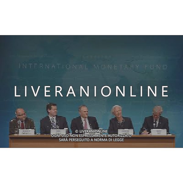 (140616) -- WASHINGTON D.C., June 16, 2014 () -- International Monetary Fund(IMF) Managing Director Christine Lagarde(2nd, R) attends a press conference at the IMF headquarters in Washington D.C., the United States, on June 16, 2014. The International Monetary Fund on Monday sharply lowered its U.S. economic growth forecasts for this year from the perviously predicted 2.8 percent to 2 percent due to a weak first quarter. (/Yin Bogu) AG ALDO LIVERANI SAS ONLY ITALY