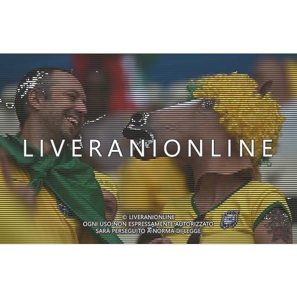(140617) -- FORTALEZA, June 17, 2014 () -- Brazil\'s fans pose before a Group A match between Brazil and Mexico of 2014 FIFA World Cup at the Estadio Castelao Stadium in Fortaleza, Brazil, June 17, 2014.(/Guo Yong)(rh) AG ALDO LIVERANI SAS ONLY ITALY