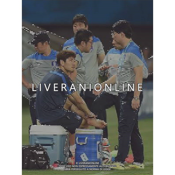 (140616) -- CUIABA, June 16, 2014 () -- Korea Republic\'s Ha Dae-Sung sits during a training session of 2014 FIFA World Cup at the Arena Pantanal Stadium in Cuiaba, Brazil, June 16, 2014. (/Liu Dawei)(rh) AG ALDO LIVERANI SAS ONLY ITALY