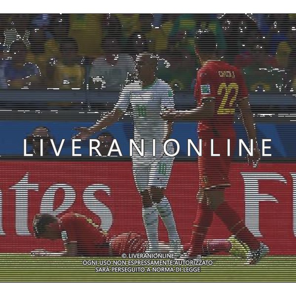 (140617) -- BELO HORIZONTE, June 17, 2014 () -- Algeria\'s Sofiane Feghouli (C) reacts as he was pulled by Belgium\'s Jan Vertonghen (below) during a Group H match between Belgium and Algeria of 2014 FIFA World Cup at the Estadio Mineirao Stadium in Belo Horizonte, Brazil, June 17, 2014.(/Liu Bin)(xzj) AG ALDO LIVERANI SAS ONLY ITALY