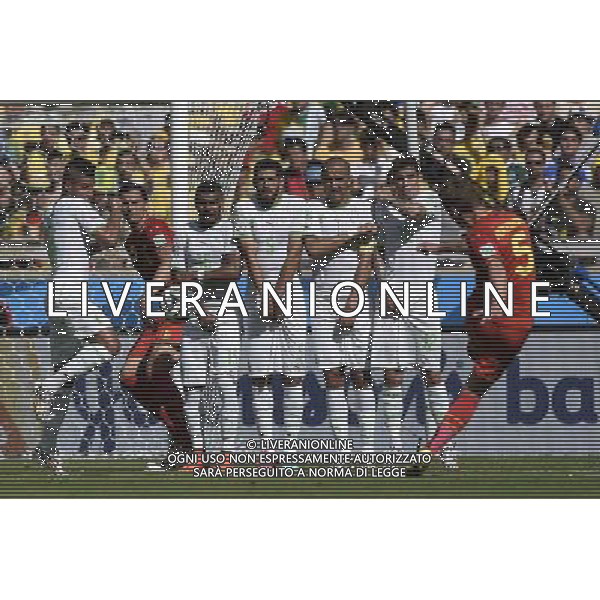 (140617) -- BELO HORIZONTE, June 17, 2014 () -- Belgium\'s Jan Vertonghen (1st R) shoots a penalty ball during a Group H match between Belgium and Algeria of 2014 FIFA World Cup at the Estadio Mineirao Stadium in Belo Horizonte, Brazil, June 17, 2014.(/Qi Heng)(rh) AG ALDO LIVERANI SAS ONLY ITALY