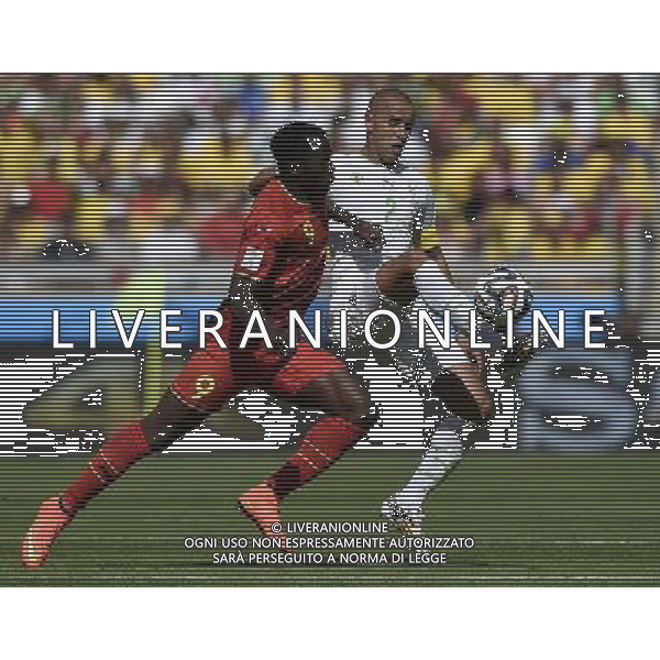 (140617) -- BELO HORIZONTE, June 17, 2014 () -- Belgium\'s Romelu Lukaku (L) vies with Algeria\'s Madjid Bougherra (R) during a Group H match between Belgium and Algeria of 2014 FIFA World Cup at the Estadio Mineirao Stadium in Belo Horizonte, Brazil, June 17, 2014.(/Qi Heng)(rh) AG ALDO LIVERANI SAS ONLY ITALY