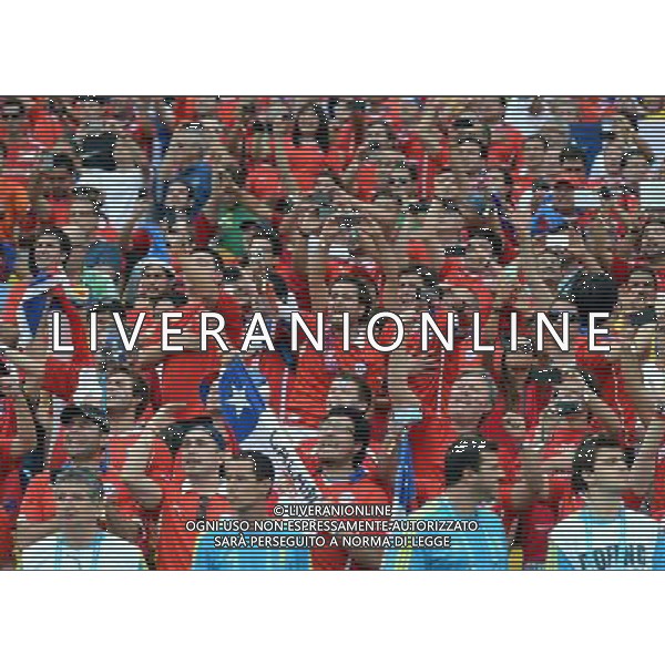 (140618) -- RIO DE JANEIRO, June 18, 2014 () -- Chile\'s fans cheer during Group B match between Spain and Chile of 2014 FIFA World Cup at the Estadio do Maracana Stadium in Rio de Janeiro, Brazil, June 18, 2014.(/Wang Yuguo)(pcy) ©PHOTOSHOT/Agenzia Aldo Liverani sas - ITALY ONLY - EDITORIAL USE ONLY - Spagna Vs Cile partita del Gruppo B Coppa del Mondo 2014 FIFA a Estadio do Stadio Maracana\' di Rio de Janeiro, in Brasile, 18 Giugno 2014 il Cile ha vinto per 2-0 contro la Spagna