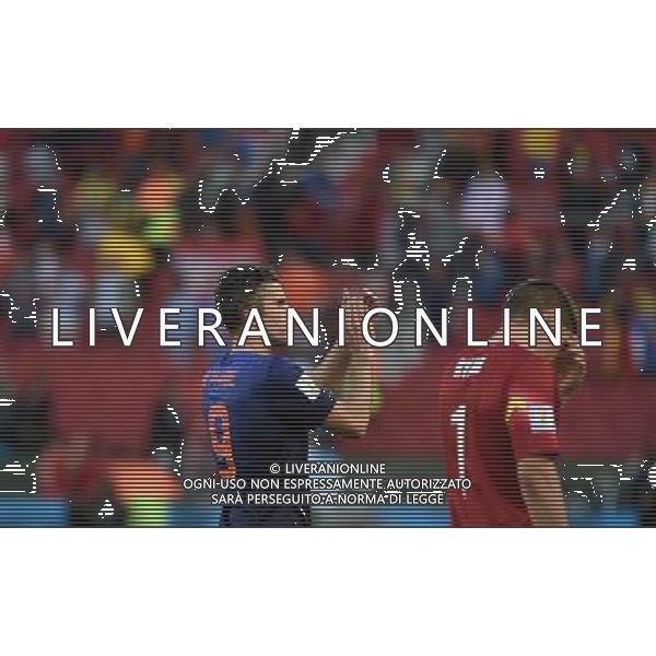 (140618) -- PORTO ALEGRE, June 18, 2014 () -- Netherlands\' Robin van Persie (L) applauds their fans after a Group B match between Australia and Netherlands of 2014 FIFA World Cup at the Estadio Beira-Rio Stadium in Porto Alegre, Brazil, June 18, 2014. Netherlands won 3-2 over Australia on Wednesday. (/Li Ga)(pcy) ©PHOTOSHOT/Agenzia Aldo Liverani sas - ITALY ONLY - EDITORIAL USE ONLY - Australia v Olanda partita del Gruppo B Coppa del Mondo FIFA 2014 Estadio Beira -Rio Stadium di Porto Alegre, in Brasile, 18 Giugno 2014. Olanda ha vinto per 3-2 contro l\'Australia