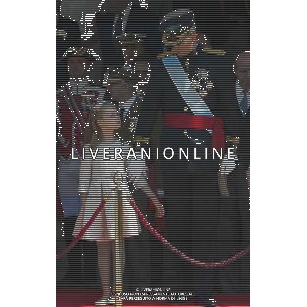 (140619) -- MADRID, June 19, 2014 () -- Spain\'s King Felipe VI (R)and Spanish Crown Princess of Asturias Leonor attend a military review in Madrid, Spain, June 19, 2014. Felipe VI was crowned on Thursday at the lower house of parliament. (/Xie Haining) AG ALDO LIVERANI SAS ONLY ITALY