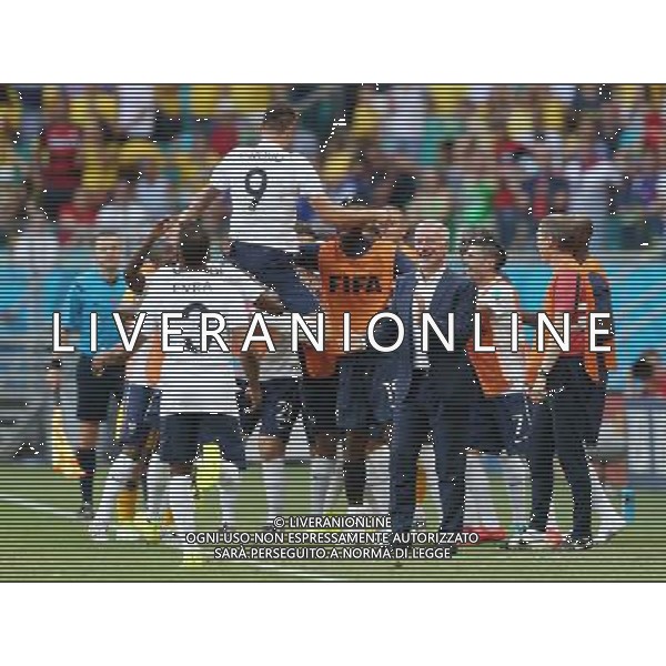 (140620) -- SALVADOR, June 20, 2014 () -- France\'s national team celebrate for Olivier Giroud (up)\'s goal during a Group E match between Switzerland and France of 2014 FIFA World Cup at the Arena Fonte Nova Stadium in Salvador, Brazil, on June 20, 2014.(/Cao Can)(pcy) AG ALDO LIVERANI SAS ONLY ITALY