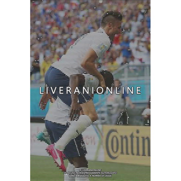 (140620) -- SALVADOR, June 20, 2014 () -- France\'s Olivier Giroud (up) and Blaise Matuidi celebrate for a goal during a Group E match between Switzerland and France of 2014 FIFA World Cup at the Arena Fonte Nova Stadium in Salvador, Brazil, on June 20, 2014.(/Cao Can)(pcy) AG ALDO LIVERANI SAS ONLY ITALY