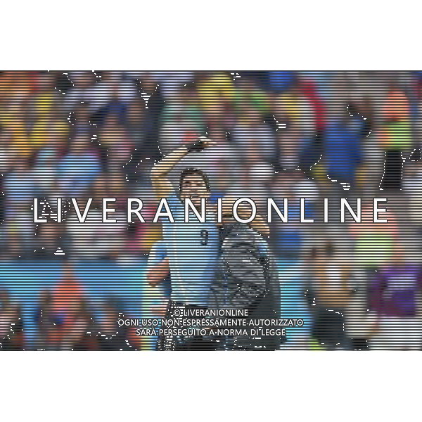 (140619) -- SAO PAULO, June 19, 2014 () -- Uruguay\'s Luis Suarez (L, front) celebrates for his goal with team physio Walter Ferreira during a Group D match between Uruguay and England of 2014 FIFA World Cup at the Arena de Sao Paulo Stadium in Sao Paulo, Brazil, June 19, 2014.(/Li Ga)(pcy) ATTENTION! The man whom Uruguay\'s Luis Suarez embraces is Uruguay\'s team physio Walter Ferreira. AG ALDO LIVERANI SAS ONLY ITALY