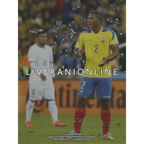 (140620) -- CURITIBA, June 20, 2014 () -- Jorge Guagua of Ecuador reacts during a Group E match between Honduras and Ecuador of 2014 FIFA World Cup at the Arena da Baixada Stadium in Curitiba, Brazil, June 20, 2014. Ecuador beat Honduras 2-1. (/Liao Yujie)(zc) AG ALDO LIVERANI SAS ONLY ITALY