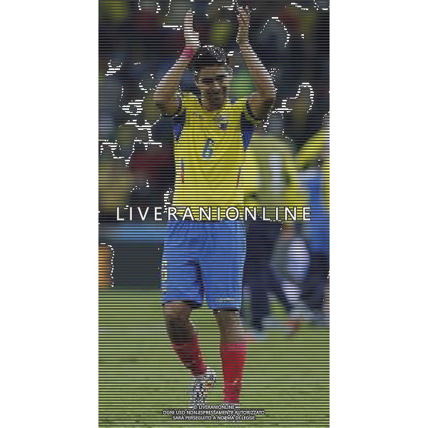 (140620) -- CURITIBA, June 20, 2014 () -- Cristian Noboa of Ecuador applauds the audience after a Group E match between Honduras and Ecuador of 2014 FIFA World Cup at the Arena da Baixada Stadium in Curitiba, Brazil, June 20, 2014. Ecuador beat Honduras 2-1. (/Zhou Lei)(zc) AG ALDO LIVERANI SAS ONLY ITALY