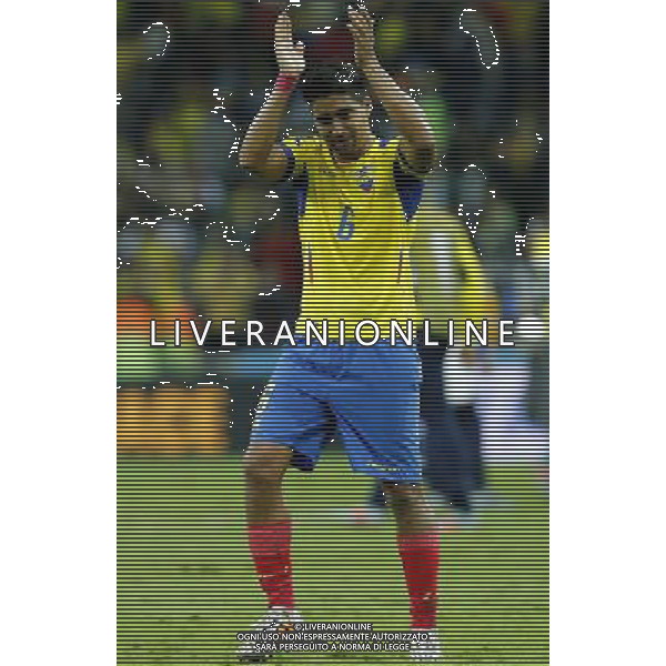 (140620) -- CURITIBA, June 20, 2014 () -- Cristian Noboa of Ecuador applauds the audience after winning a Group E match between Honduras and Ecuador of 2014 FIFA World Cup at the Arena da Baixada Stadium in Curitiba, Brazil, June 20, 2014. Ecuador beat Honduras 2-1. (/Zhou Lei)(zc) AG ALDO LIVERANI SAS ONLY ITALY