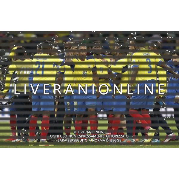(140620) -- CURITIBA, June 20, 2014 () -- Antonio Valencia (C) of Ecuador celebrates the victory over Honduras with his teammates during a Group E match between Honduras and Ecuador of 2014 FIFA World Cup at the Arena da Baixada Stadium in Curitiba, Brazil, June 20, 2014. Ecuador beat Honduras 2-1. (/Liao Yujie)(zc) AG ALDO LIVERANI SAS ONLY ITALY