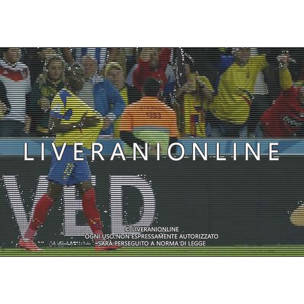 (140620) -- CURITIBA, June 20, 2014 () -- Enner Valencia of Ecuador celebraes after scoring his second goal during a Group E match between Honduras and Ecuador of 2014 FIFA World Cup at the Arena da Baixada Stadium in Curitiba, Brazil, June 20, 2014. Ecuador beat Honduras 2-1. (/Zhou Lei)(zc) AG ALDO LIVERANI SAS ONLY ITALY