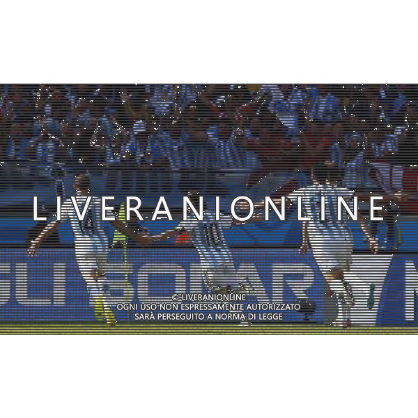 (140621) -- BELO HORIZONTE, June 21, 2014 () -- Lionel Messi of Argentina celebrates scoring with his teammates during a Group F match between Argentina and Iran of 2014 FIFA World Cup at the Estadio Mineirao Stadium in Belo Horizonte, Brazil, June 21, 2014. (/Liu Bin)(zc) ©PHOTOSHOT/AGENZIA ALDO LIVERANI SAS - ITALY ONLY - EDITORIAL USE ONLY - ARGENTINA Vs IRAN partita del gruppo di F Coppa del mondo FIFA 2014 Mineirao stadio Estadio a Belo Horizonte, in Brasile, 21 giugno 2014