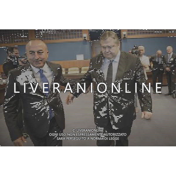 Greek Foreign Minister Evangelos Venizelos (R ) and Turkish Minister of European Union Affairs and Chief Negotiator Mevlut Cavusoglu during EU Foreign Ministers Council (FAC) at European Council headquarters in Luxembourg on 23.06.2014 . On the agenda of European ministers : Ukraine, Libya, Syria and Iraq. ©PHOTOSHOT/Agenzia Aldo Liverani sas - ITALY ONLY - EDITORIAL USE ONLY - Consiglio Ministri degli Esteri UE (FAC) presso la sede del Consiglio europeo di Lussemburgo