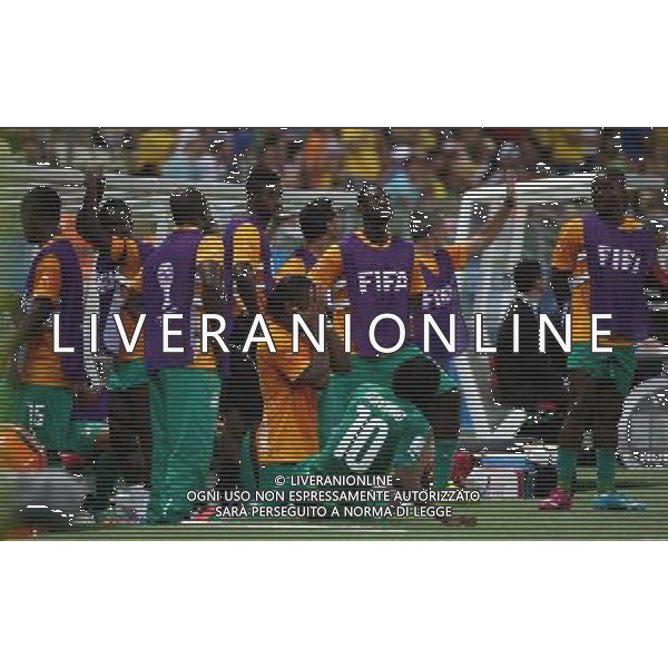 (140624) -- FORTALEZA, June 24, 2014 () -- Cote d\'Ivoire\'s Didier Drogba (C, bottom) covers his face with hands as referee Carlos Vera (not pictured) rules a penalty kick conceded by Cote d\'Ivoire during a Group C match between Greece and Cote d\'Ivoire of 2014 FIFA World Cup at the Estadio Castelao Stadium in Fortaleza, Brazil, June 24, 2014. (/Cao Can)(xzj) AG ALDO LIVERANI SAS ONLY ITALY