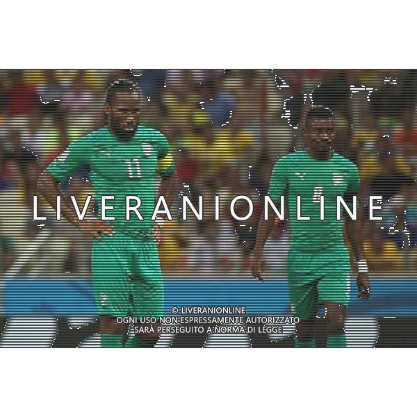 (140624) -- FORTALEZA, June 24, 2014 () -- Cote d\'Ivoire\'s Didier Drogba (L) and Salomon Kalou react during a Group C match between Greece and Cote d\'Ivoire of 2014 FIFA World Cup at the Estadio Castelao Stadium in Fortaleza, Brazil, June 24, 2014. Greece won 2-1 over Cote d\'Ivoire on Tuesday. (/Cao Can)(xzj) AG ALDO LIVERANI SAS ONLY ITALY